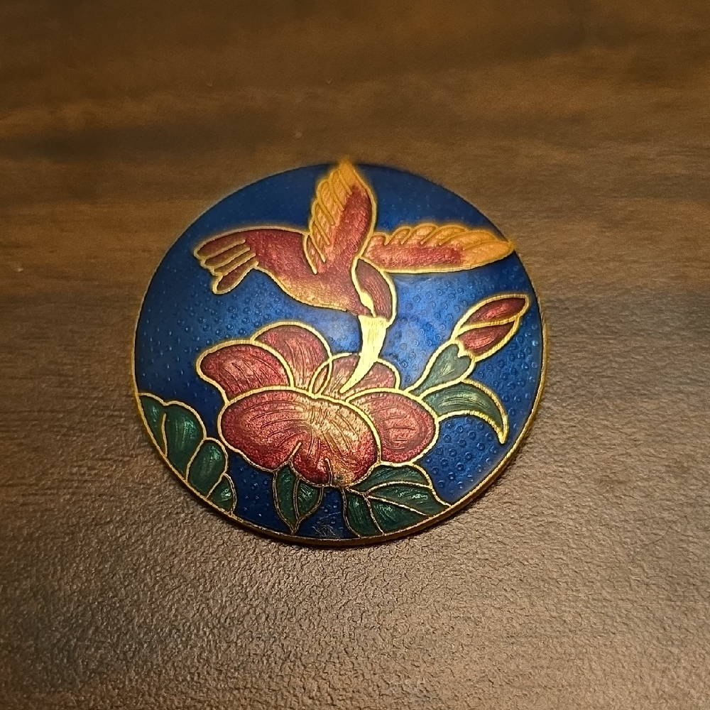 Floral Cloisonee Brooch with Hummingbird Design